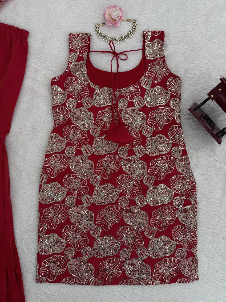 Dusty Red Premium Simmer Silk Sharara Set with Dupatta – Thread & Sequin Work | Fully Stitched