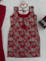 Dusty Red Premium Simmer Silk Sharara Set with Dupatta – Thread & Sequin Work | Fully Stitched