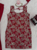 Dusty Red Premium Simmer Silk Sharara Set with Dupatta – Thread & Sequin Work | Fully Stitched