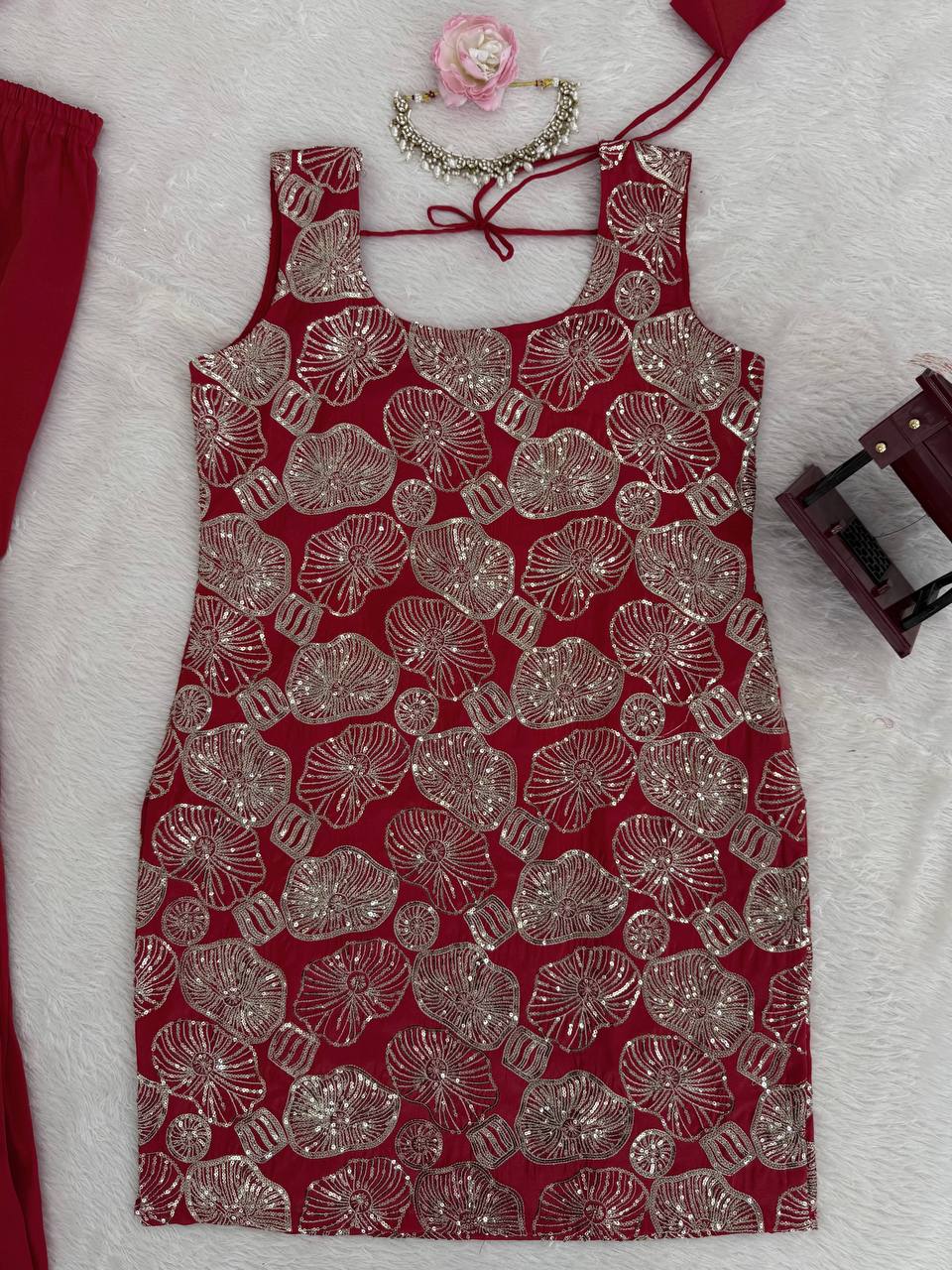 Dusty Red Premium Simmer Silk Sharara Set with Dupatta – Thread & Sequin Work | Fully Stitched