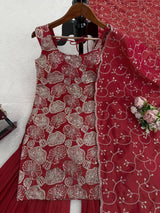 Dusty Red Premium Simmer Silk Sharara Set with Dupatta – Thread & Sequin Work | Fully Stitched