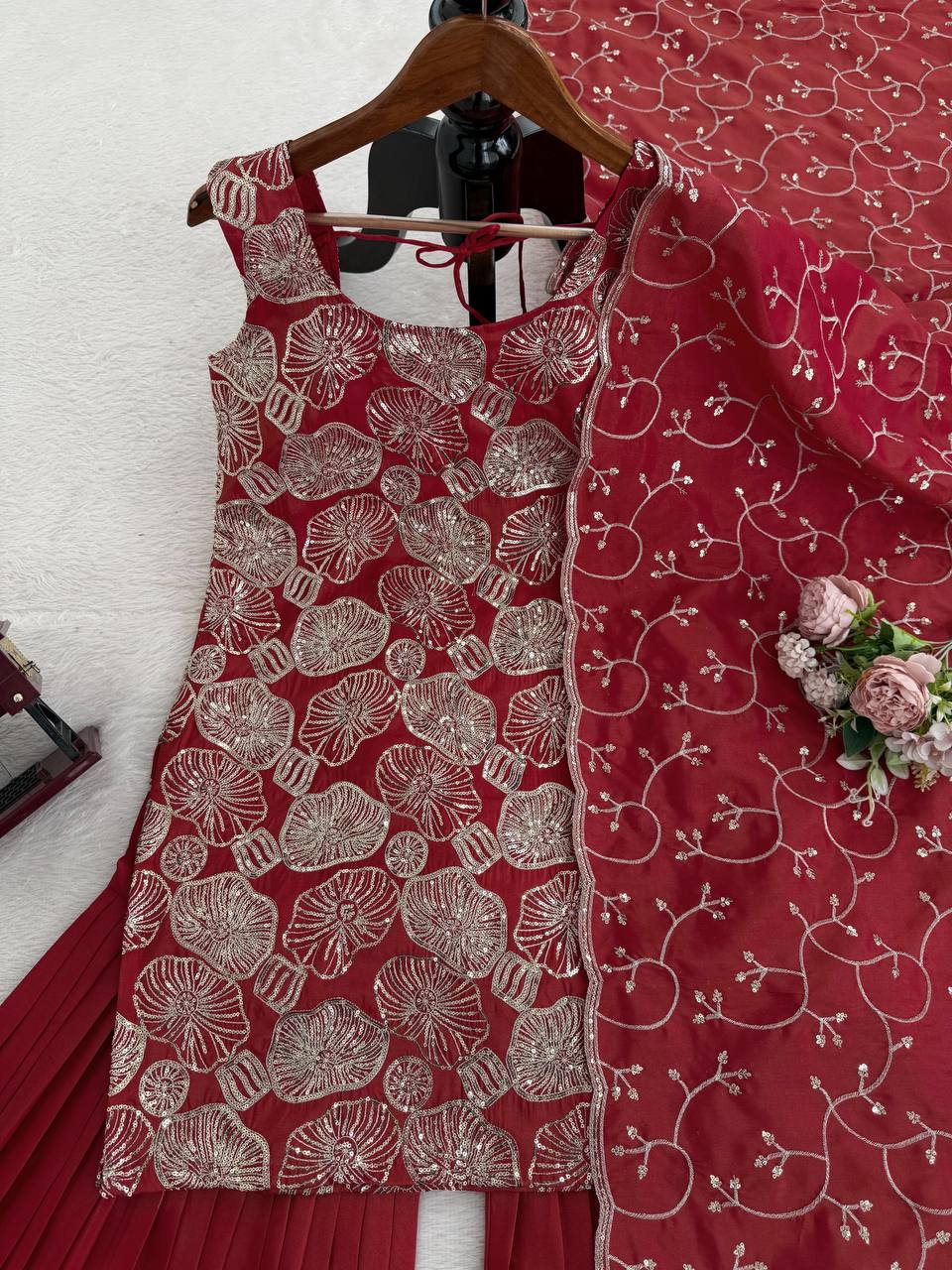 Dusty Red Premium Simmer Silk Sharara Set with Dupatta – Thread & Sequin Work | Fully Stitched