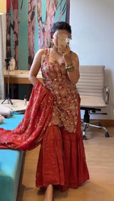 Dusty Red Premium Simmer Silk Sharara Set with Dupatta – Thread & Sequin Work | Fully Stitched