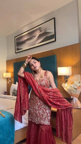 Dusty Red Premium Simmer Silk Sharara Set with Dupatta – Thread & Sequin Work | Fully Stitched