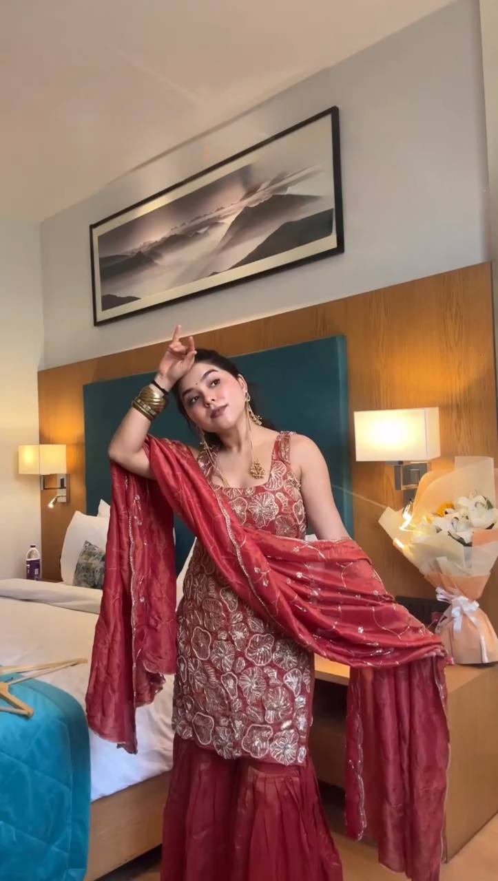 Dusty Red Premium Simmer Silk Sharara Set with Dupatta – Thread & Sequin Work | Fully Stitched