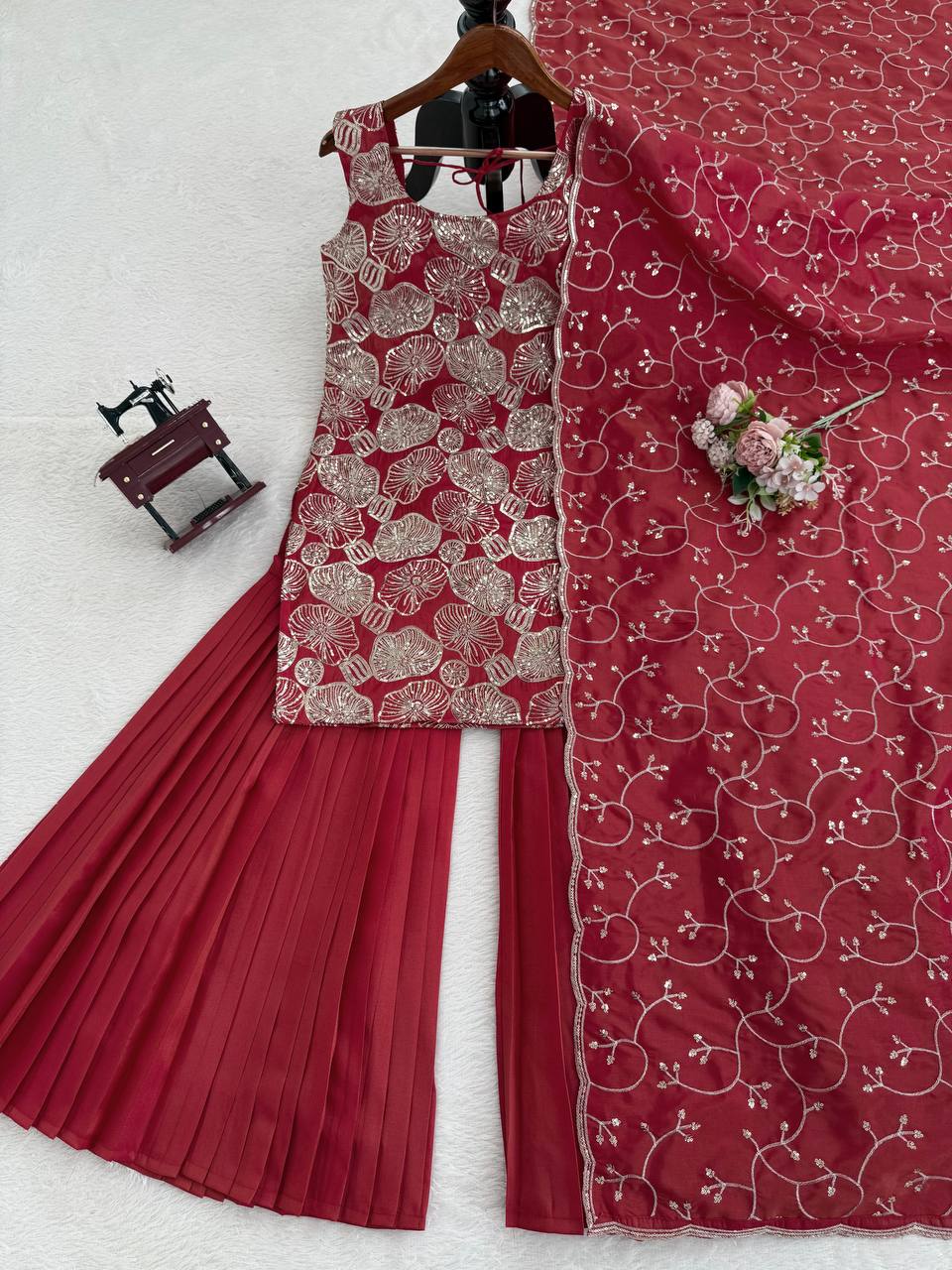 Dusty Red Premium Simmer Silk Sharara Set with Dupatta – Thread & Sequin Work | Fully Stitched