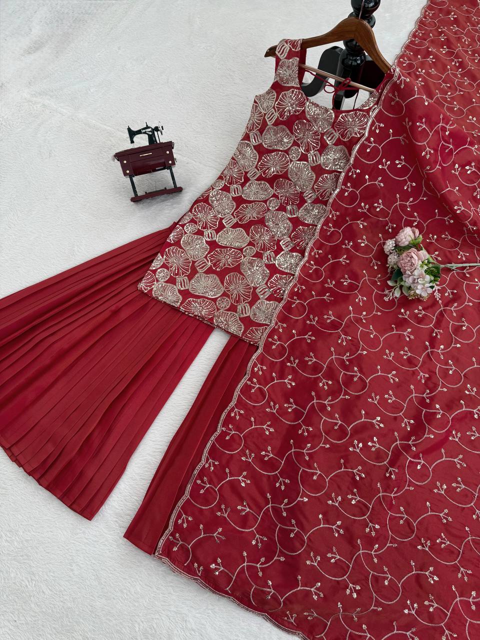 Dusty Red Premium Simmer Silk Sharara Set with Dupatta – Thread & Sequin Work | Fully Stitched