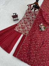 Dusty Red Premium Simmer Silk Sharara Set with Dupatta – Thread & Sequin Work | Fully Stitched