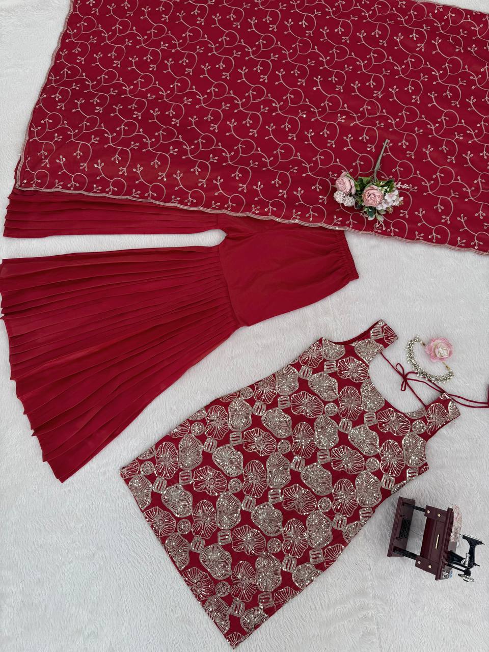 Dusty Red Premium Simmer Silk Sharara Set with Dupatta – Thread & Sequin Work | Fully Stitched
