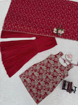Dusty Red Premium Simmer Silk Sharara Set with Dupatta – Thread & Sequin Work | Fully Stitched