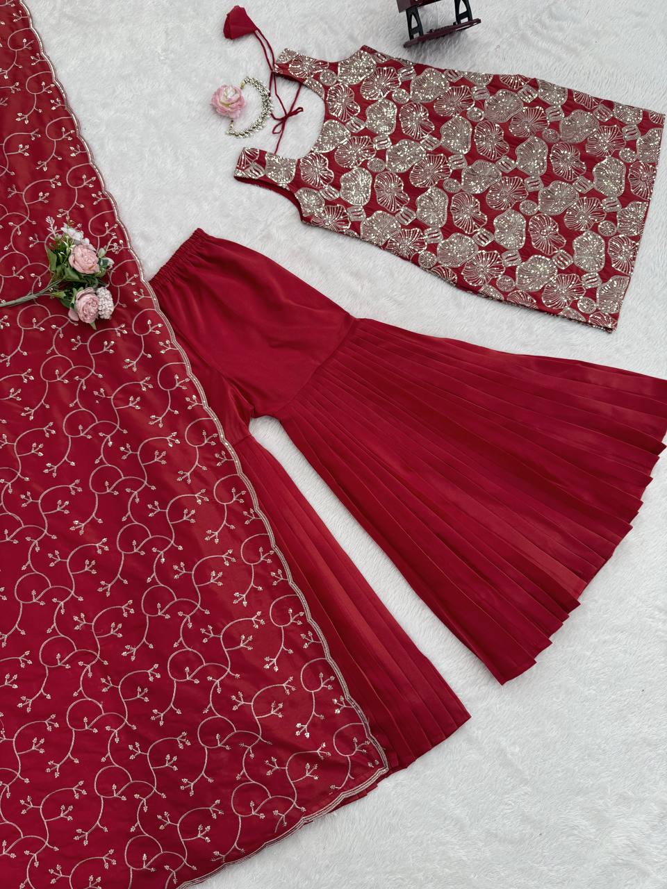 Dusty Red Premium Simmer Silk Sharara Set with Dupatta – Thread & Sequin Work | Fully Stitched
