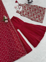 Dusty Red Premium Simmer Silk Sharara Set with Dupatta – Thread & Sequin Work | Fully Stitched