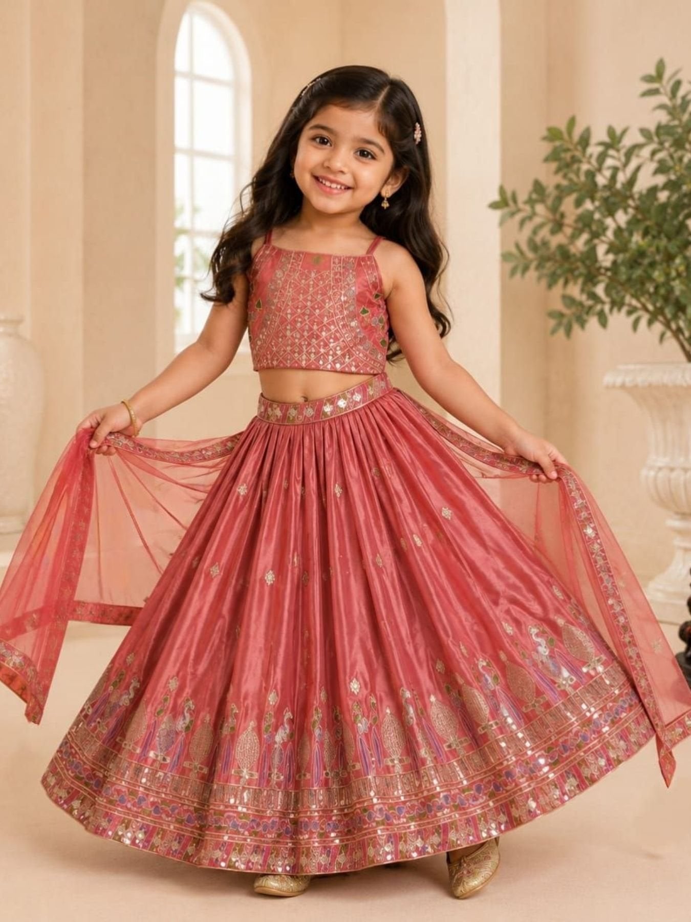 Dusty Rose Sequins Embroidered Lehenga with Heavy Chinon Dupatta
