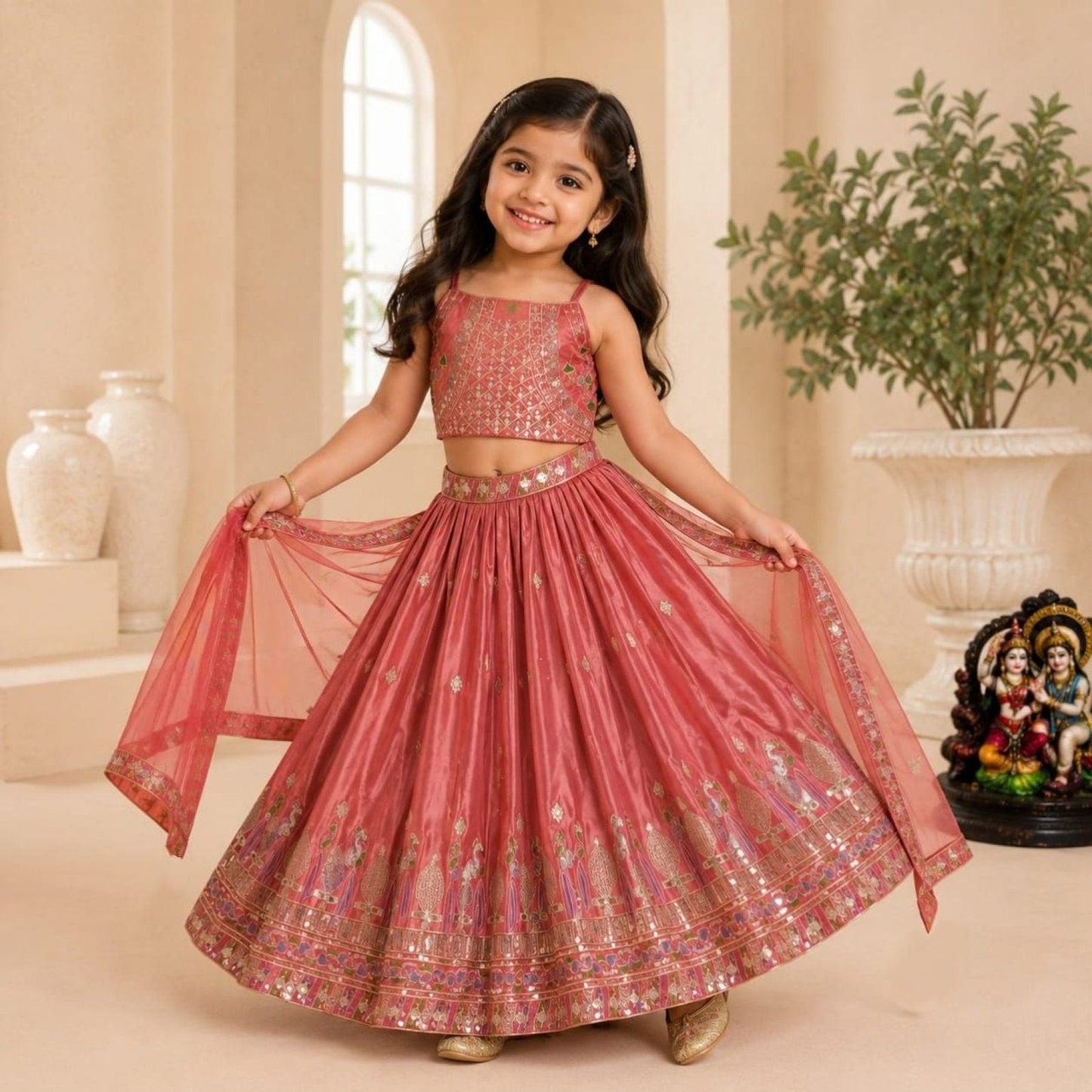 Dusty Rose Sequins Embroidered Lehenga with Heavy Chinon Dupatta