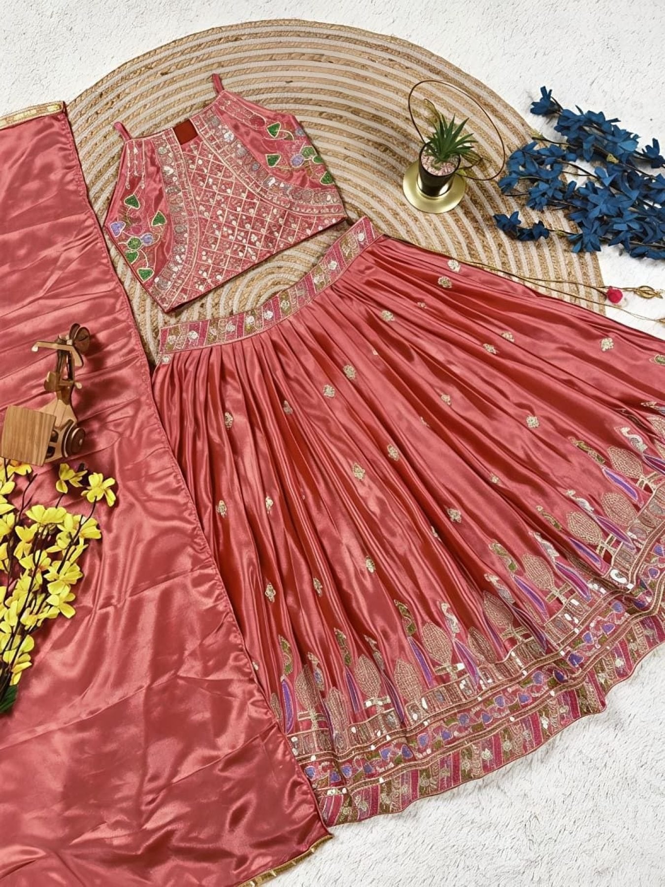 Dusty Rose Sequins Embroidered Lehenga with Heavy Chinon Dupatta