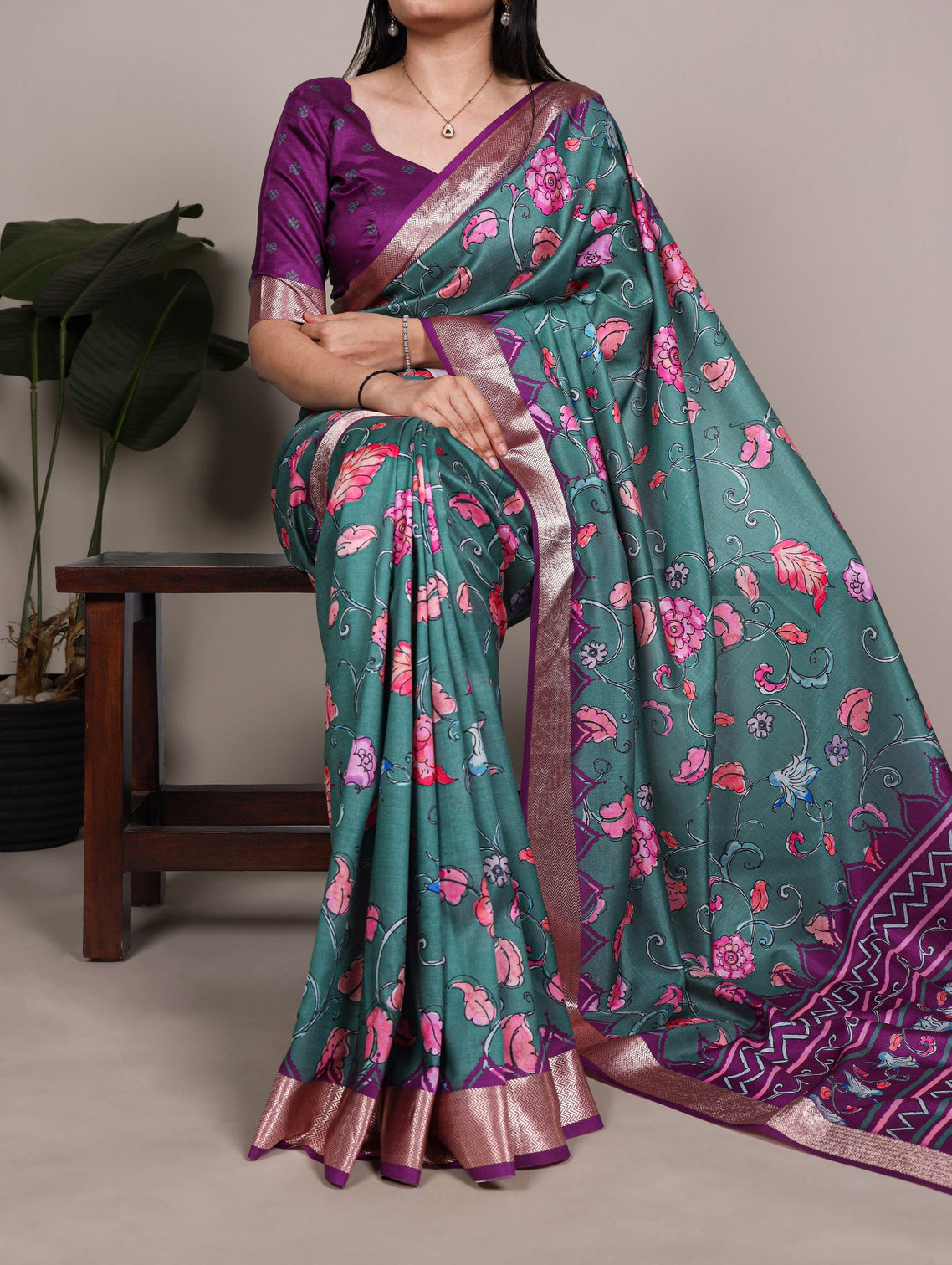 Dusty Teal Elegant Printed Saree
