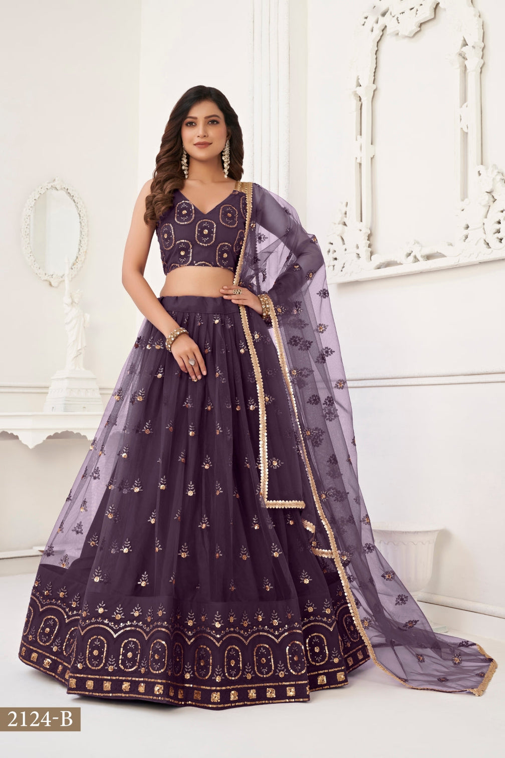 Dusty Wine Elegant Butterfly Net Lehenga with Tone-to-Tone Embroidery