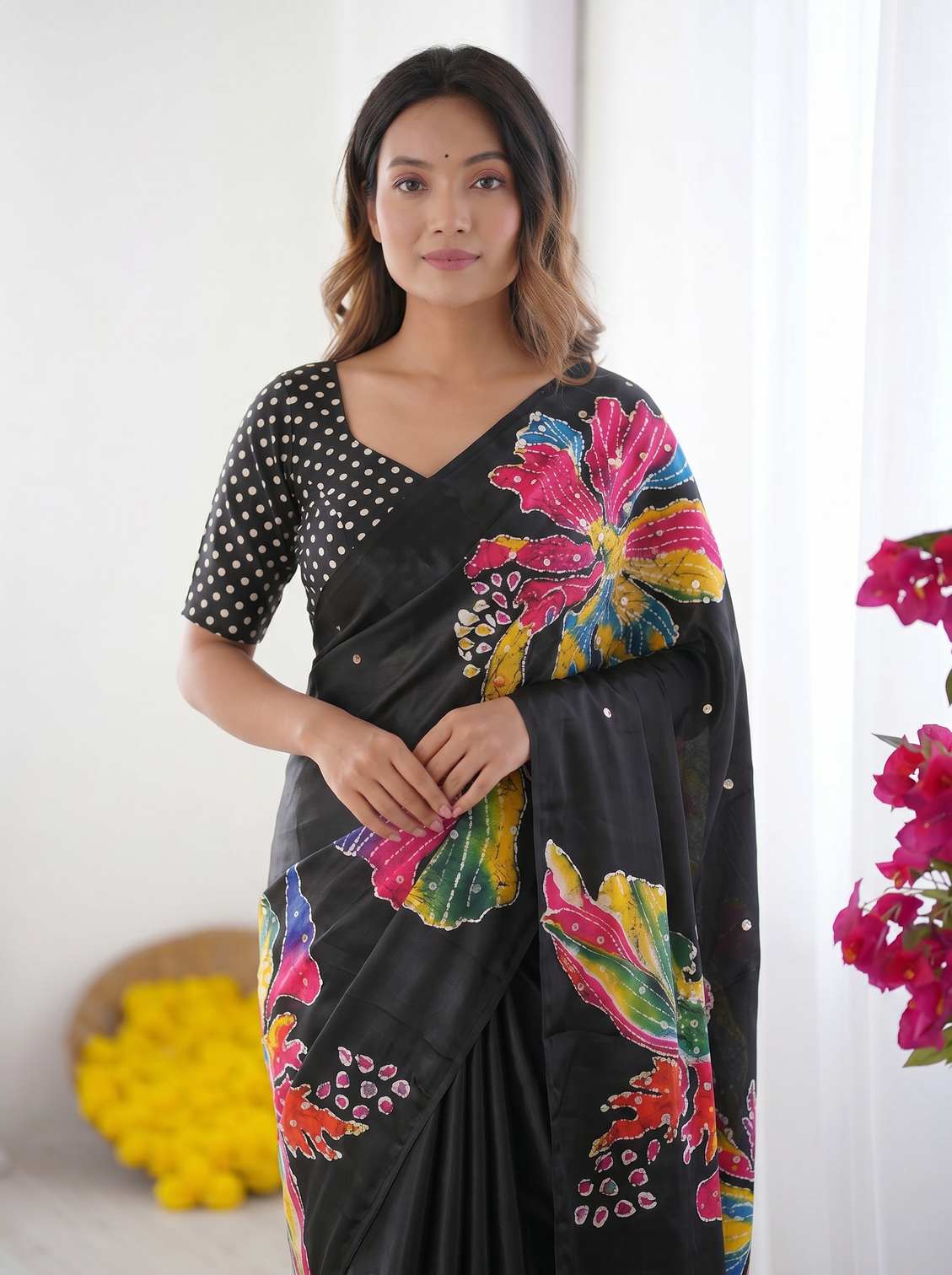 Black modal silk saree with multicolor floral art print handcrafted inspired design designer tassel pallu