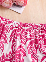 Girls Pink Ribbed Sleeveless Crop Top & Tropical Leaf Print Pants Set