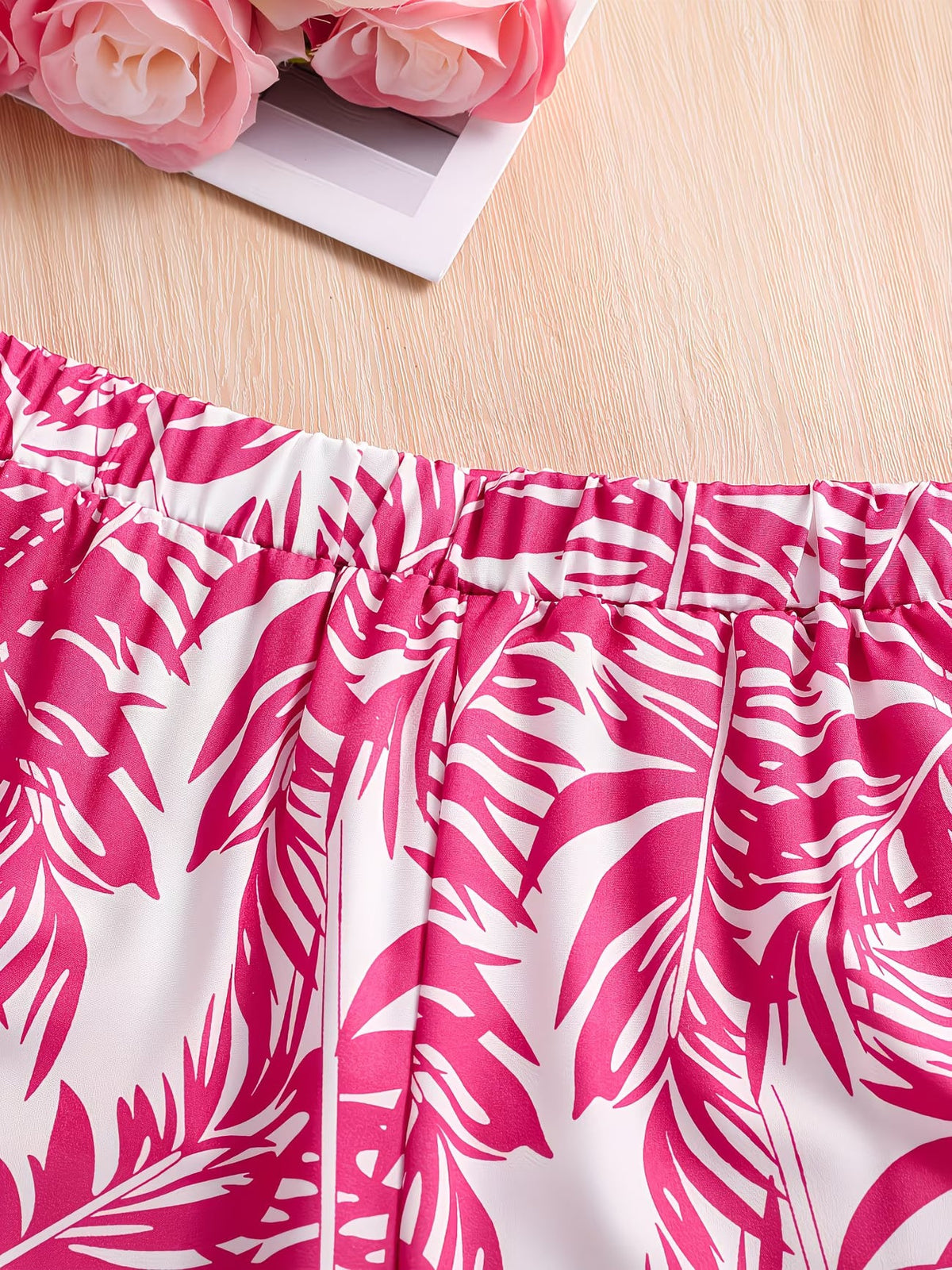 Girls Pink Ribbed Sleeveless Crop Top & Tropical Leaf Print Pants Set