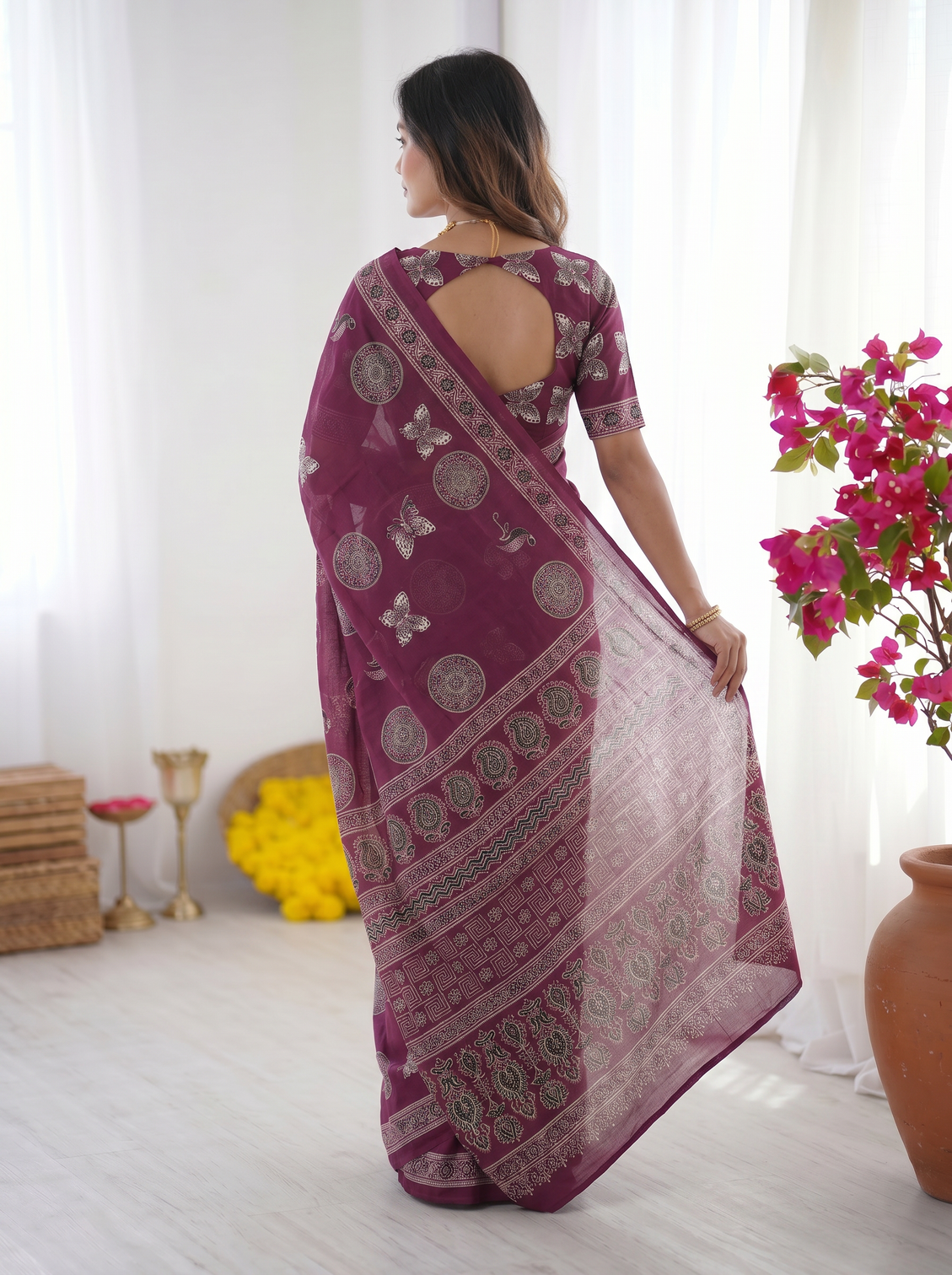 Wine purple modal silk saree with traditional circular motif print heritage designer pallu festive ethnic wear saree