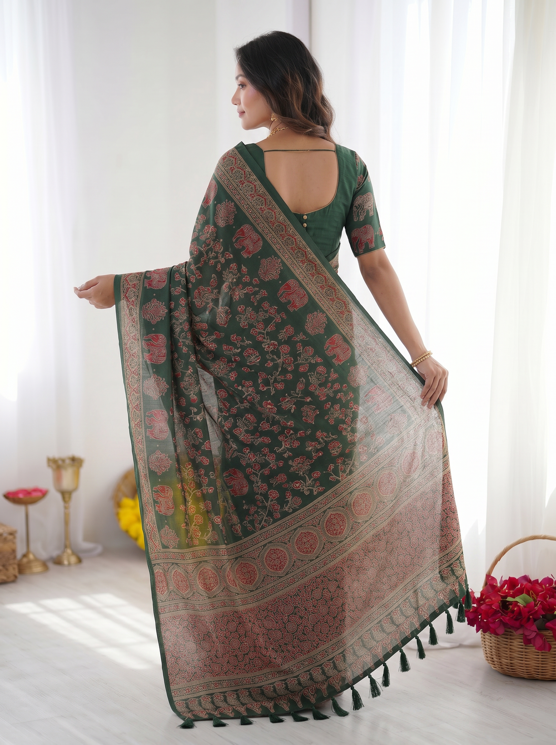 Forest green modal silk saree with elephant motif ajrakh print designer heritage pallu traditional festive wear saree
