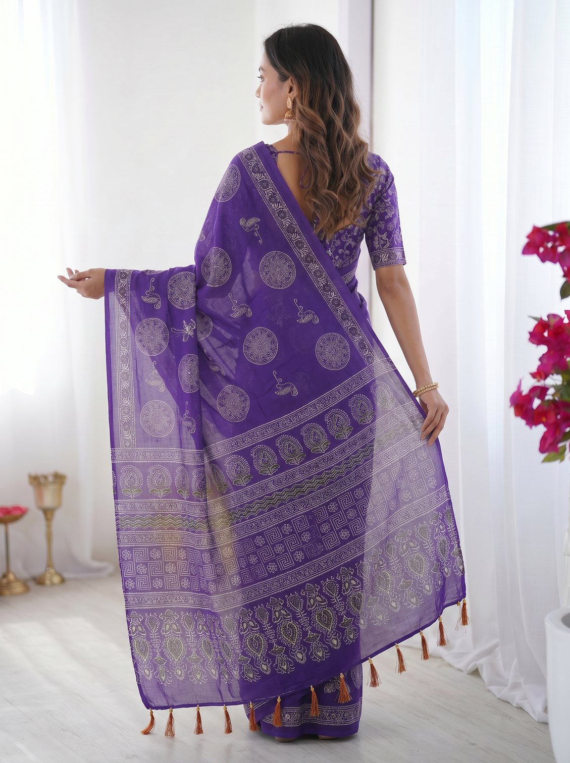 Royal purple modal silk saree with circular medallion print heritage designer pallu festive ethnic wear saree