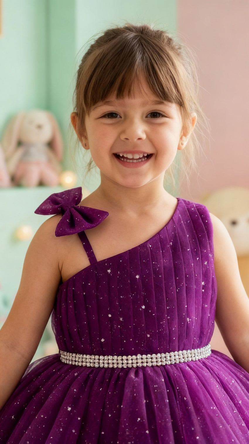Girls Purple One-Shoulder Party Dress with Glitter Tulle & Crystal Belt