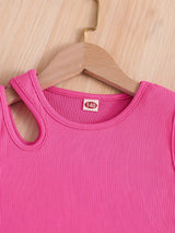 Girls Pink Ribbed Sleeveless Crop Top & Tropical Leaf Print Pants Set