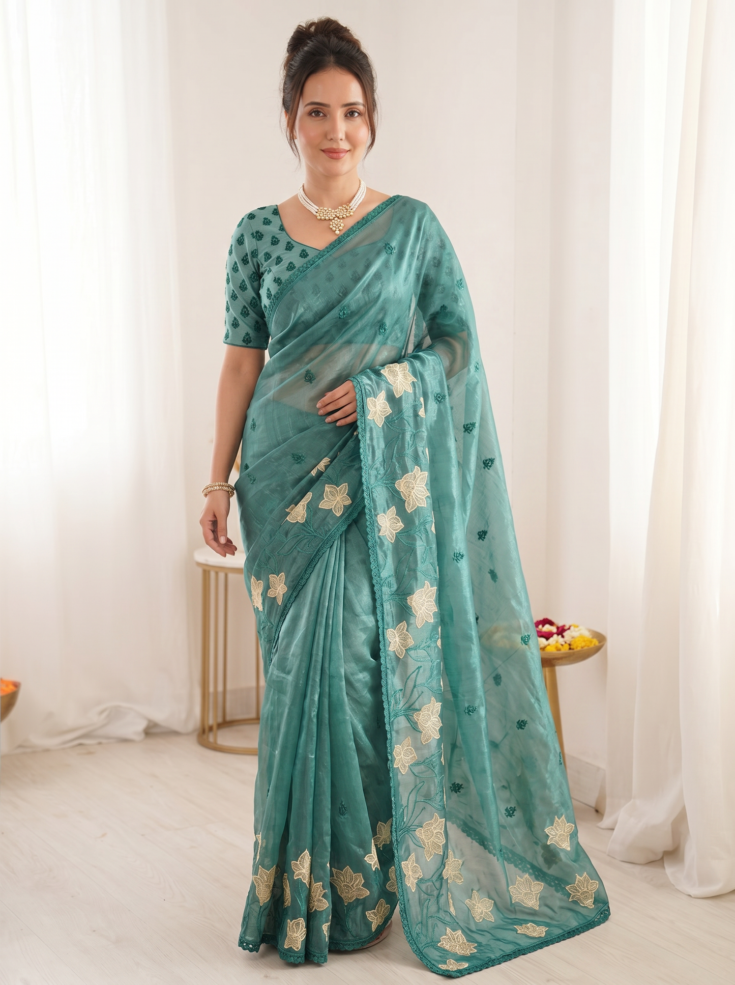 Denim Pure Oris Silk Saree with Embroidered Lotus Buttis & Applique Border