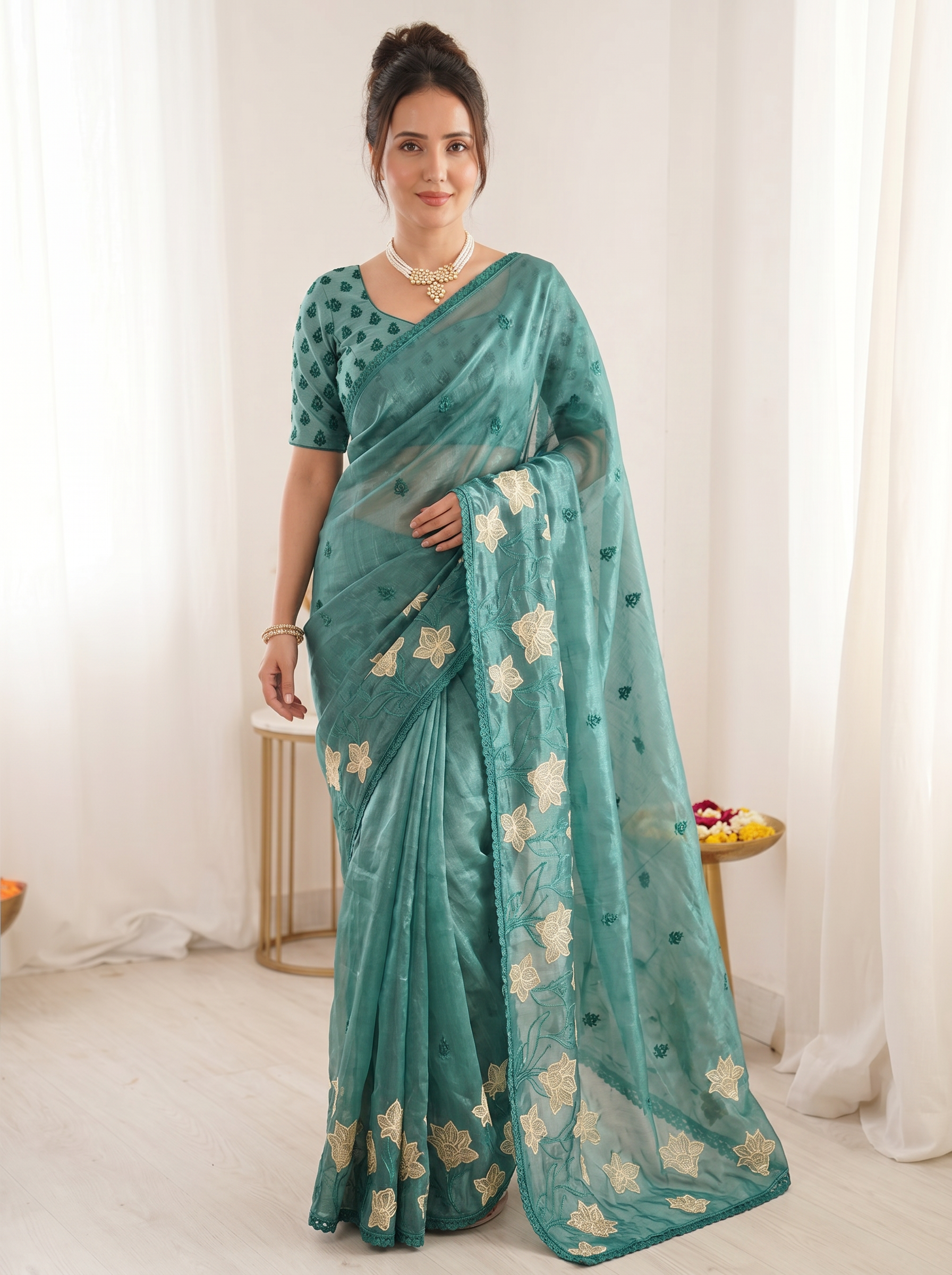 Denim Pure Oris Silk Saree with Embroidered Lotus Buttis & Applique Border