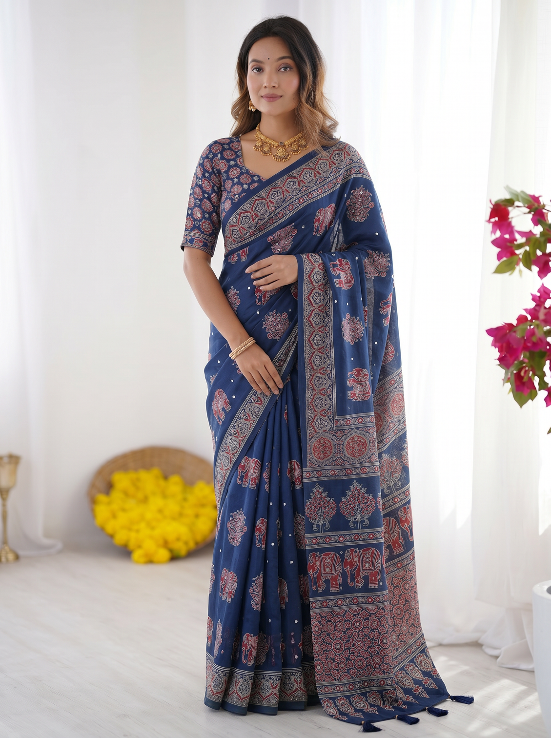 Royal blue modal silk saree with elephant motif heritage print designer pallu traditional festive wear saree mameraa