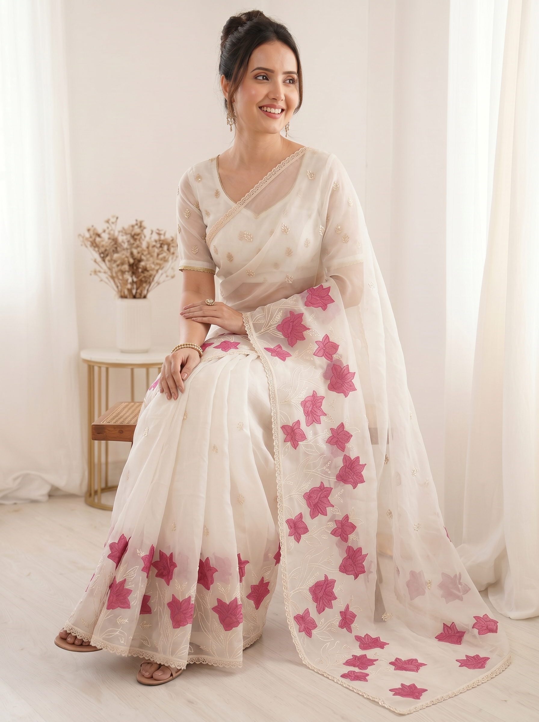 White Pure Oris Silk Saree with Embroidered Lotus Buttis & Applique Border