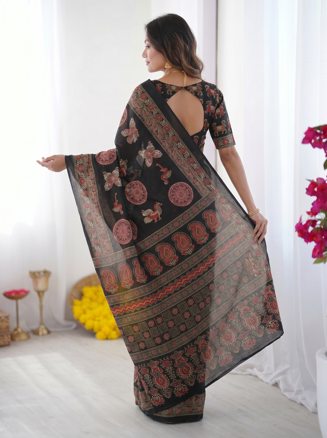 Black modal silk saree with traditional ajrakh inspired circular motif print designer pallu festive ethnic wear saree