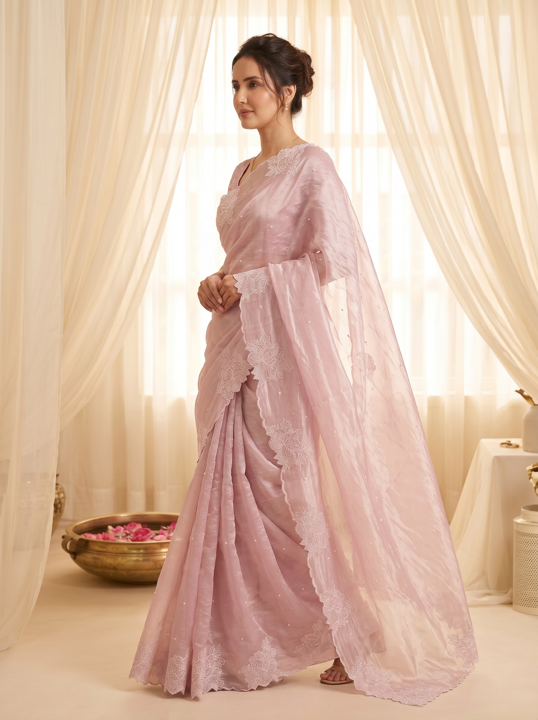 Pink Pure Raspberry Crush Silk Saree with Lucknowi Embroidery