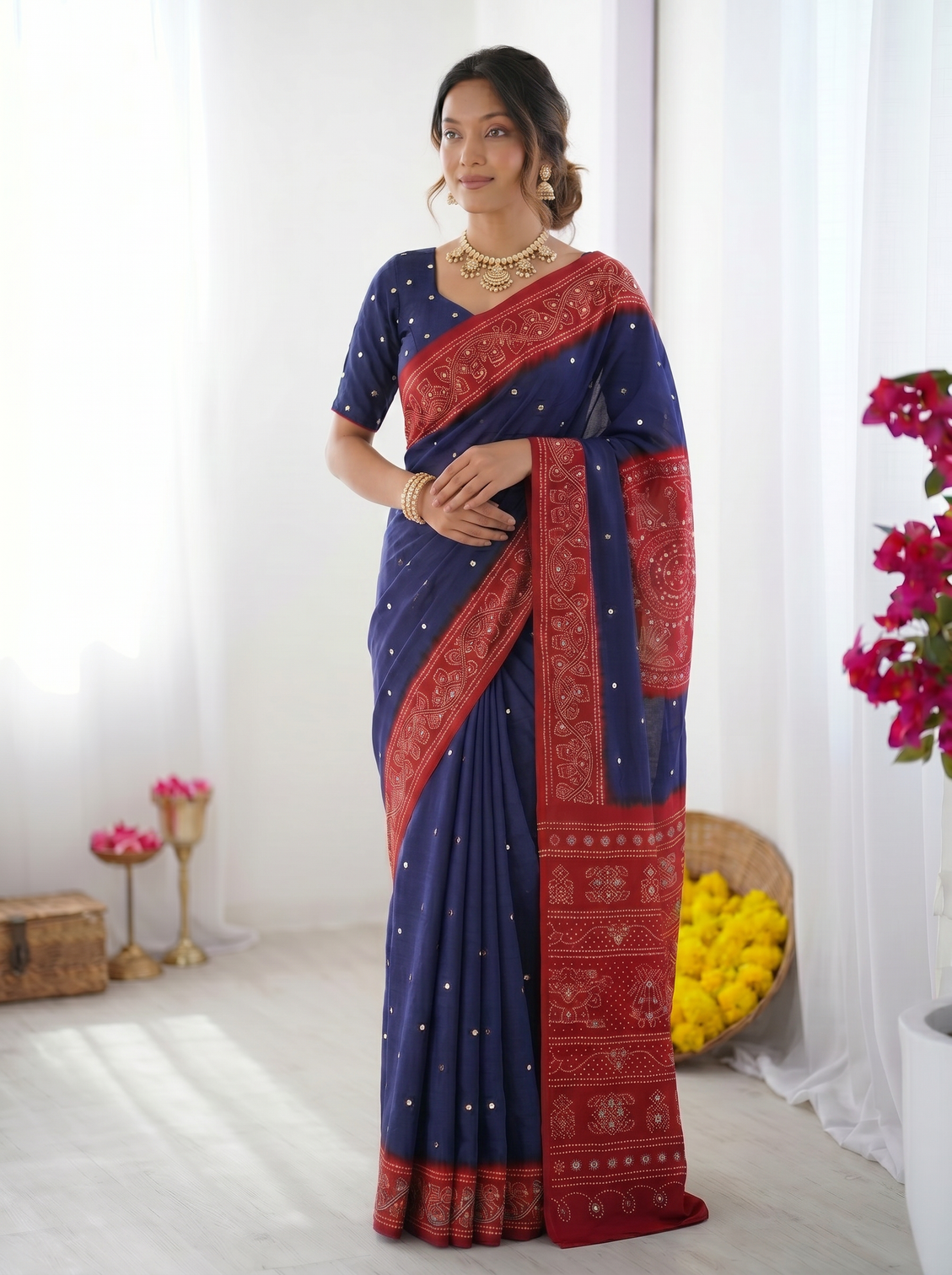 Royal blue crimson red bandhani inspired modal silk saree with traditional folk art pallu stone embellishments