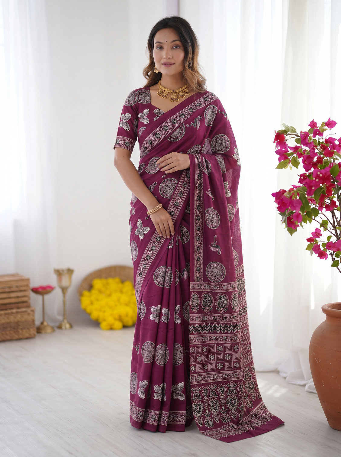 Wine purple modal silk saree with traditional circular motif print heritage designer pallu festive ethnic wear saree mameraa