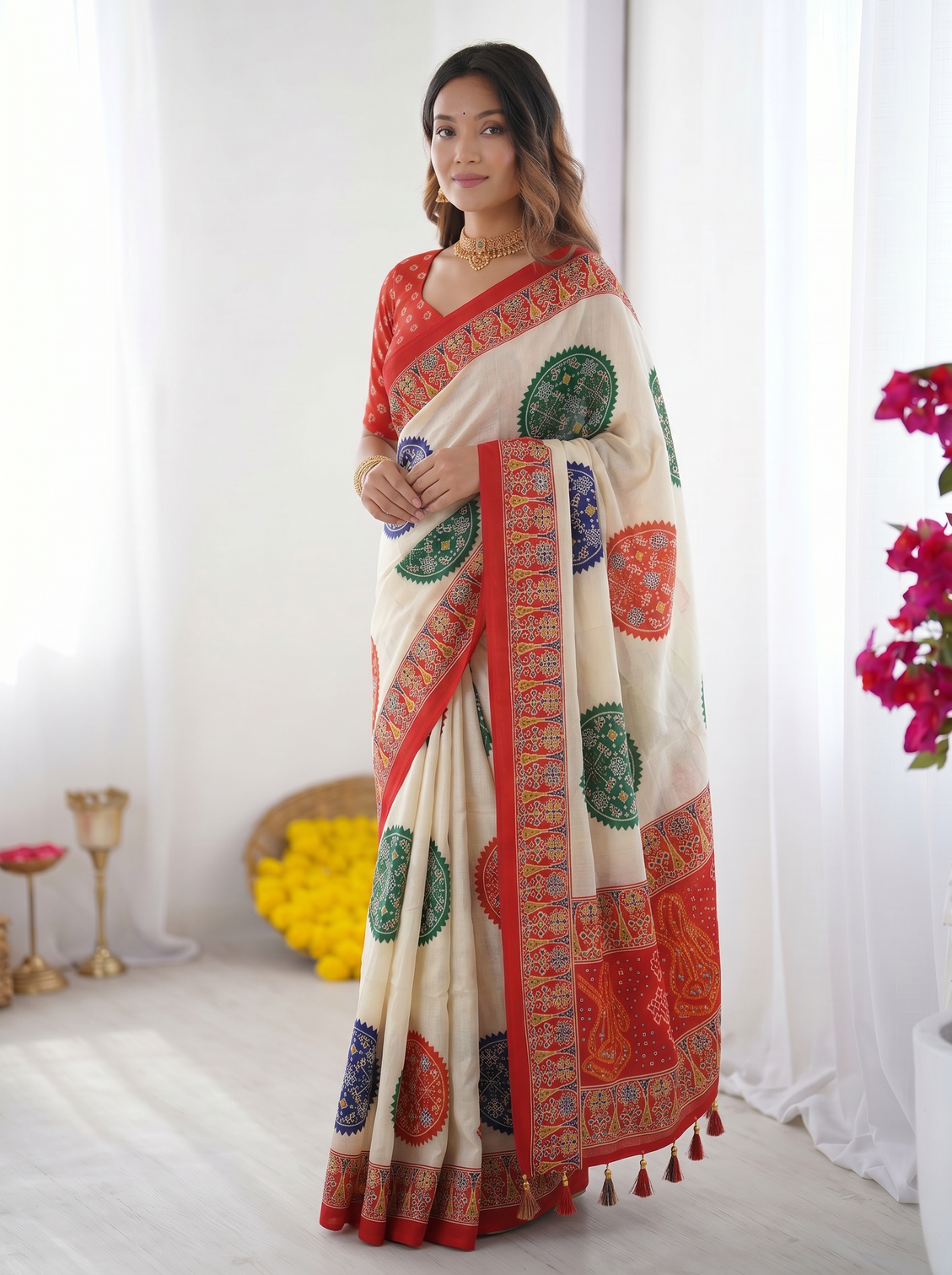 Ivory white vermilion red pure modal silk saree with multicolor mandala print traditional designer pallu