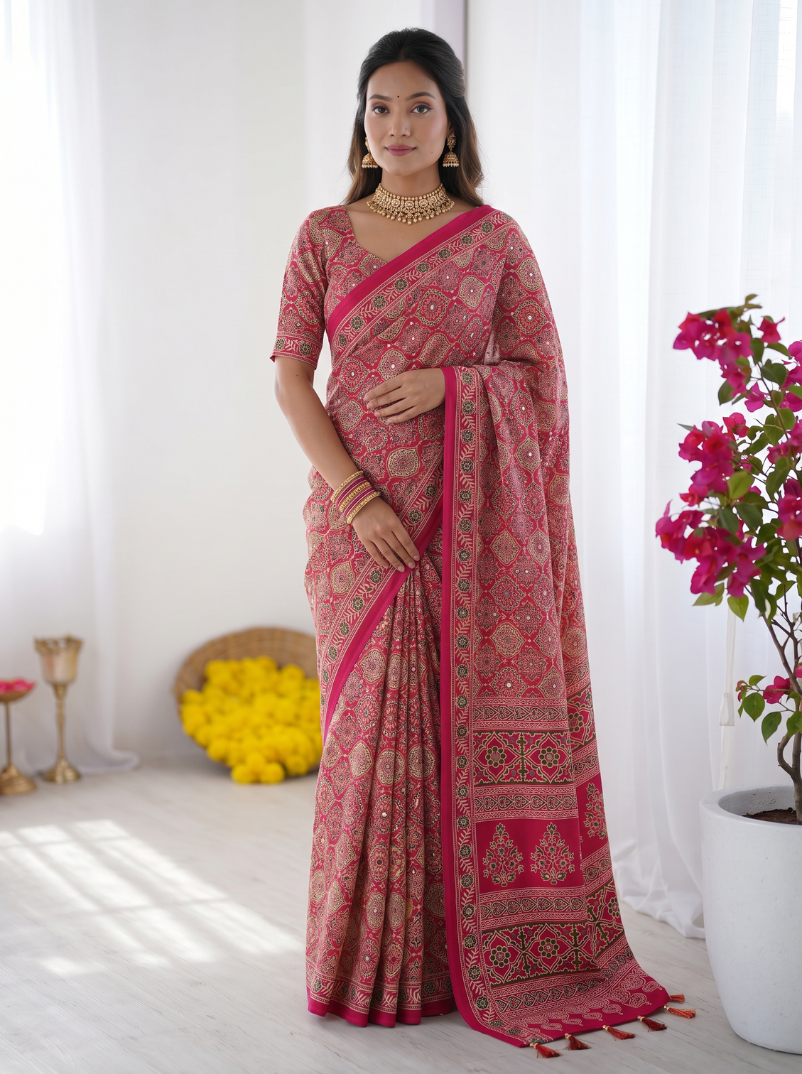 Rose pink modal silk saree with heritage motifs intricate all over print designer pallu