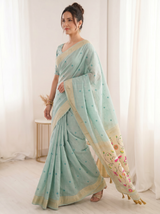 Sky Premium Soft Muga Cotton Saree with Paithani Swan Meenakari Pallu