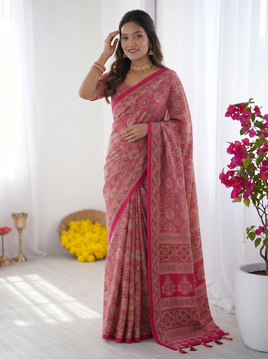 Rose pink modal silk saree with heritage motifs intricate all over print designer pallu mameraa