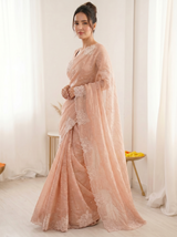 Peach Pure Raspberry Crush Silk Saree with Lucknowi Embroidery