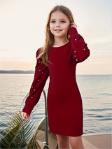 Girls Maroon Pearl Embellished Puff Sleeve Bodycon Dress