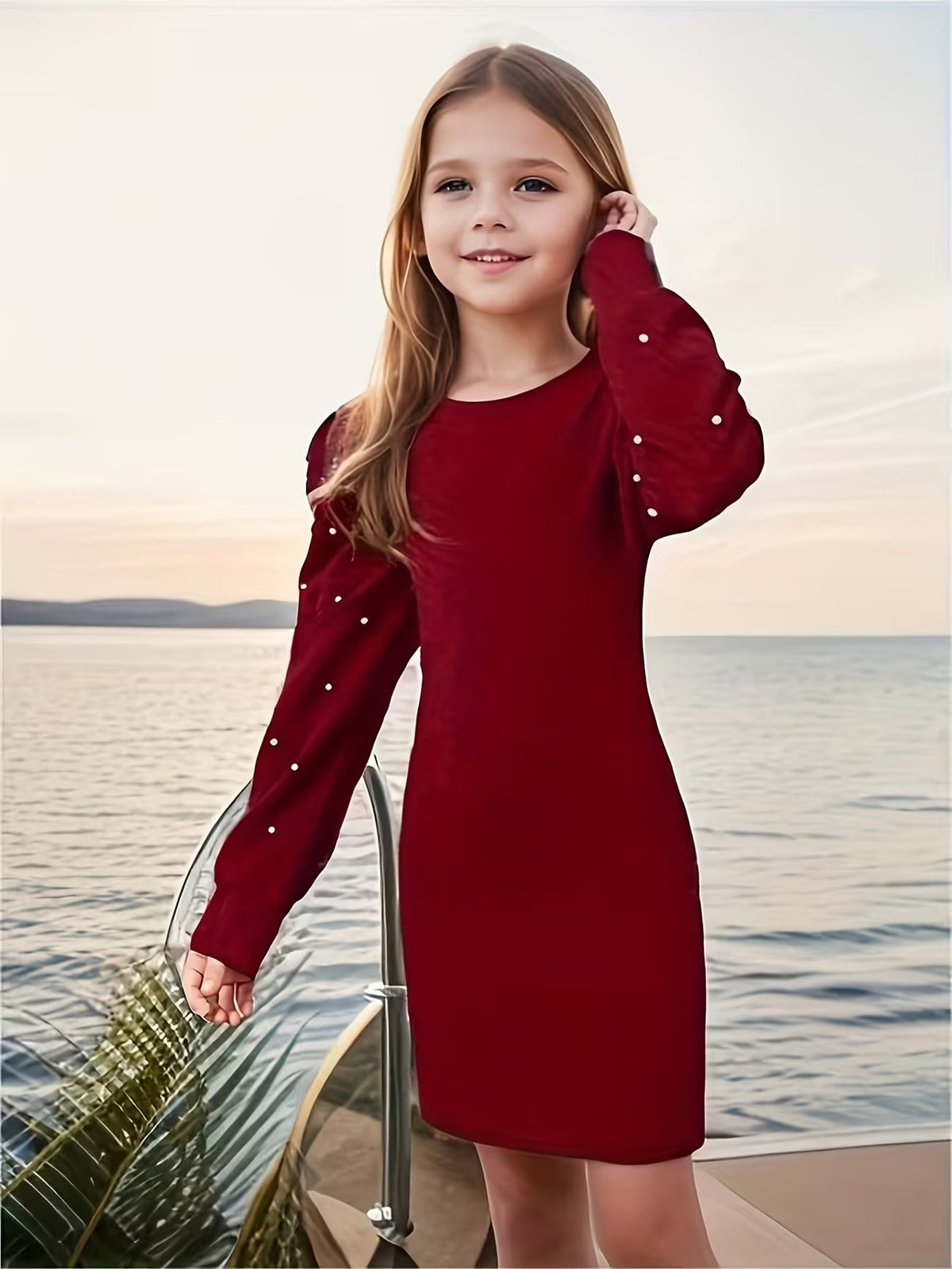 Girls Maroon Pearl Embellished Puff Sleeve Bodycon Dress