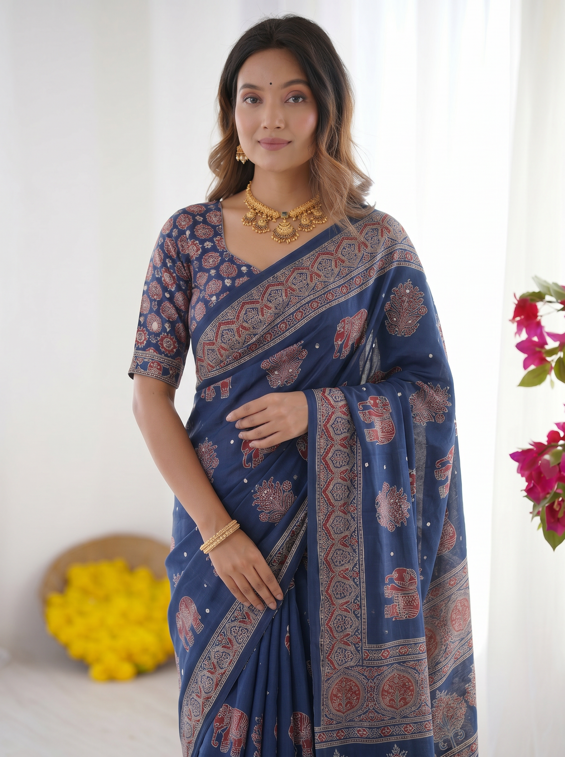 Royal blue modal silk saree with elephant motif heritage print designer pallu traditional festive wear saree