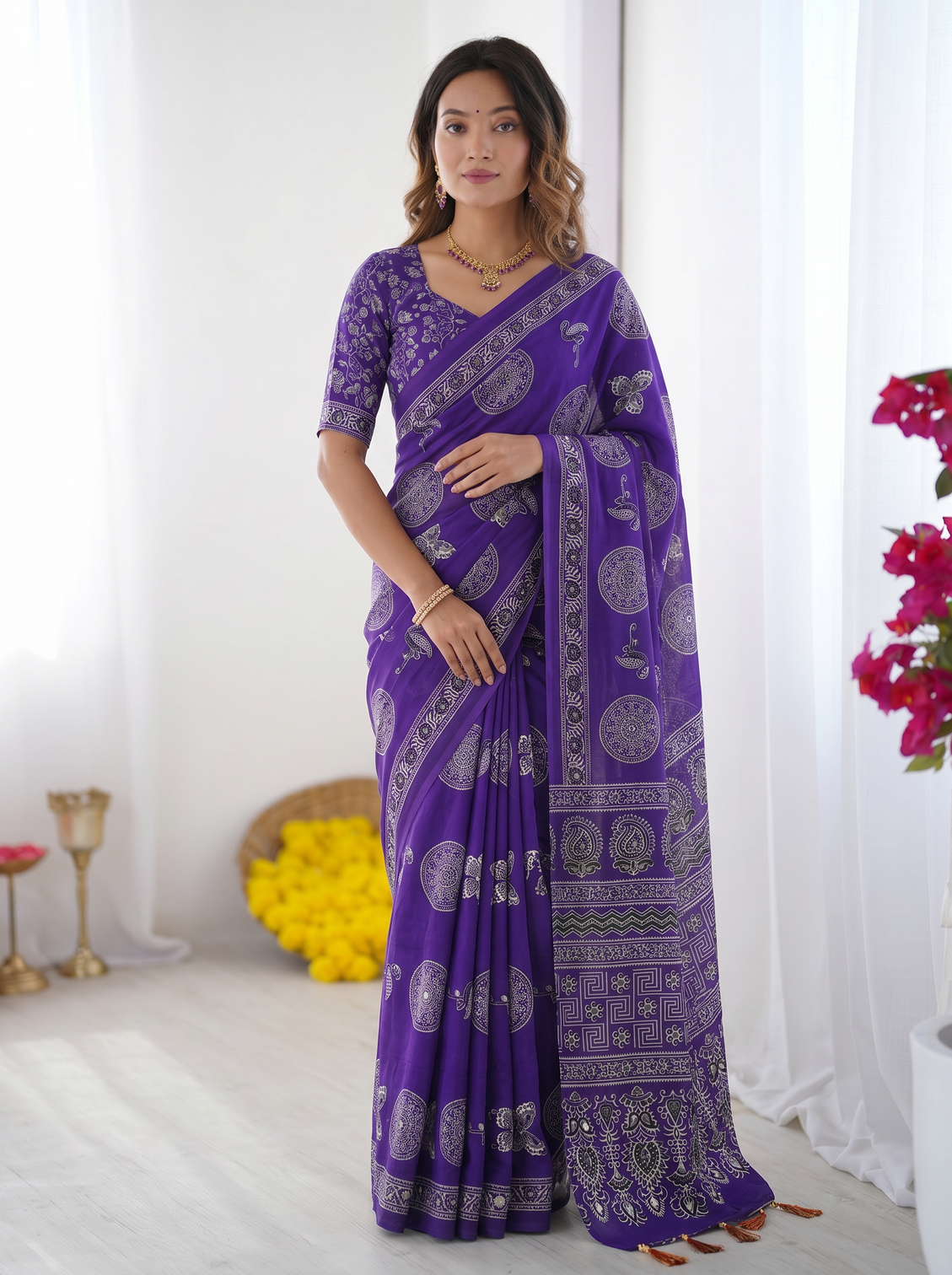Royal purple modal silk saree with circular medallion print heritage designer pallu festive ethnic wear saree