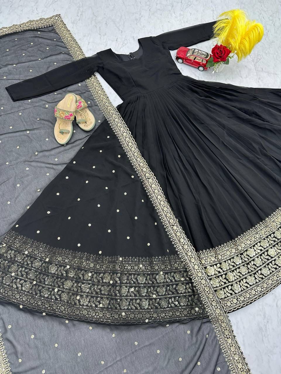 Elegant Black Embroidered Georgette Gown Set