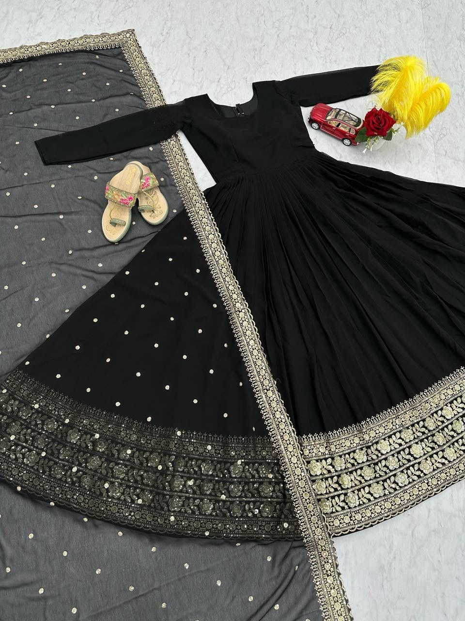 Elegant Black Embroidered Georgette Gown Set