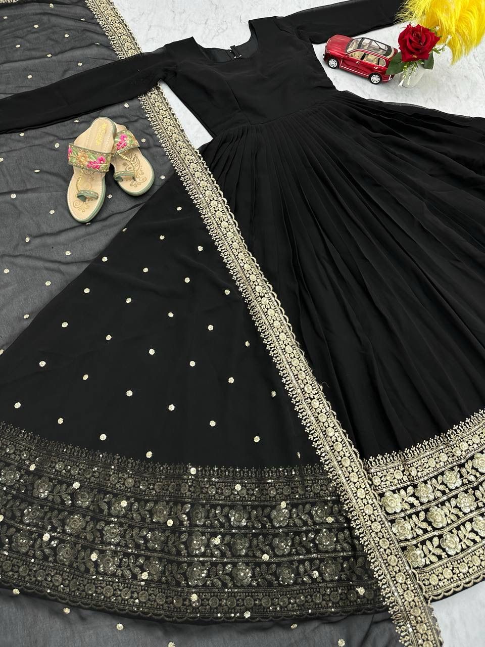 Elegant Black Embroidered Georgette Gown Set