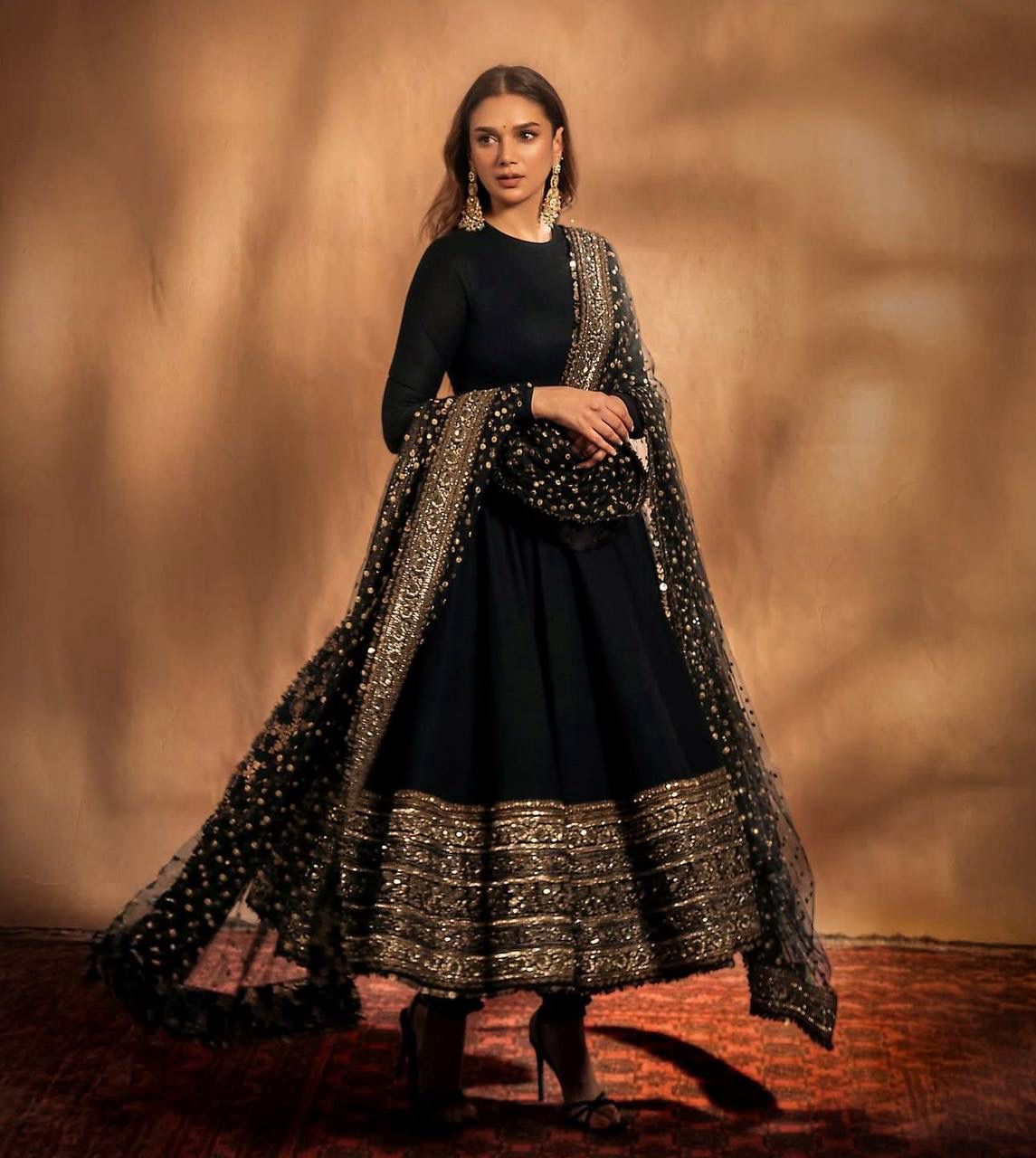Elegant Black Embroidered Georgette Gown Set